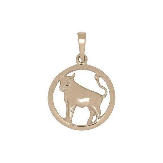 Siersbøl Tyr stjernetegn vedhæng i 8 eller 14 karat guld med blank, rund plade og udskåret tyrmotiv.